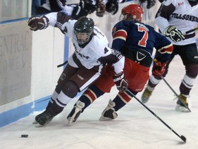 CHRIS ABBOTT/TILLSONBURG NEWS
Tillsonburg's Jordan Spitzke avoids a check from Glanbrook's Nathan Pettener at the Glanbrook blue line Wednesday night. Tillsonburg Kinsmen midgets won their OMHA BB first-round hockey game 4-1. Games 2 and 3 in the six-point series are in Glanbrook.