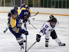 Western Mustangs' Nicole French, right, tries to swipe the puck from Laurentian Voyageurs Amanda Pereira during second period OUA women's hockey action from the Gerry McCrory Countryside Sports Complex on Sunday afternoon.