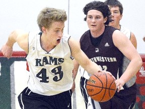 Robbie Scott of the Central Rams breaks out of his own zone with Northwestern Huskies' Blake Pickering in pursuit during a Huron-Perth senior boys basketball game at Central Monday. (SCOTT WISHART/The Beacon Herald)