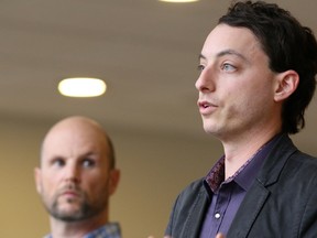 Gino Donato/The Sudbury Star
CFI Canada founder Justin Trottier speaks at the launch of the Sudbury chapter of the organization. Looking on is Sudbury branch leader Spencer Lucas.