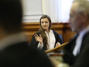 John Lappa/The Sudbury Star  
Emily Villeneuve, of Confederation Secondary School Team One, participates in the finals of a mock trial competition at the Sudbury Courthouse on Friday.