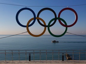 The Olympic rings are on display near a newly built railway station in the Black Sea resort city of Sochi. (REUTERS/Maxim Shemetov)