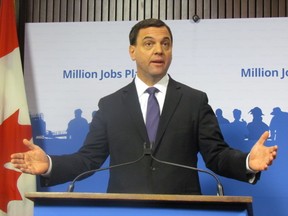 PC Leader Tim Hudak unveils his Million Jobs Act on Monday January 13 2014, a Conservative plan to cut government spending and lower business taxes to stimulate job creation. (QMI Agency)