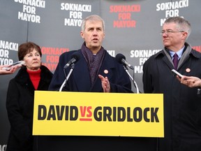 Mayoral candidate David Soknacki speaks at the Lawrence East SRT Station on Tuesday. (ERNEST DOROSZUK/Toronto Sun)