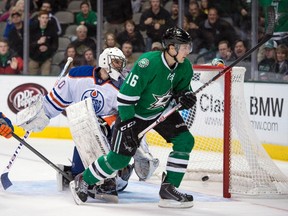 Dallas Stars left wing Ryan Garbutt (16) scores on a shorthanded breakaway against Edmonton Oilers goalie Ilya Bryzgalov (80) during the second period at the American Airlines Center. The Oilers won 3-2. (Jerome Miron-USA TODAY)