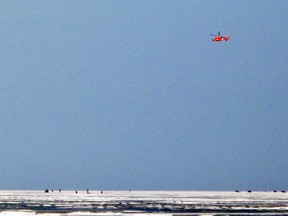 A U.S. Coast Guard helicopter from the Detroit Air Station that was on a training exercise Tuesday morning was called into action around 8:45 a.m. to rescue a 67-year-old New Baltimore, Michigan man from Lake St. Clair who was injured after an ATV rolled over onto him. Coast guard personnel found the man and airlifted him to Mitchell's Bay Marina where local emergency crews were ready to transport the victim to hospital. ELLWOOD SHREVE/ THE CHATHAM DAILY NEWS/ QMI AGENCY