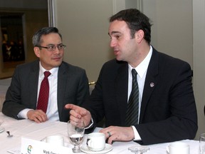 Kingston and the Islands MP Ted Hsu (left) speaks with then Kingston Mayor Mark Gerretsen prior to the Greater Kingston Chamber of Commerce last year. Gerretsen won the Kingston and the Islands federal Liberal nomination. 
IAN MACALPINE/KINGSTON WHIG-STANDARD/QMI AGENCY