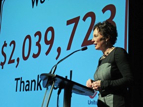 Intelligencer File Photo
United Way of Quinte executive director Judi Gilbert speaks after unveiling the total raised for the 2013 campaign. The campaign surpassed its $2 million goal for a total of $2,039,723. The campaign for 2014 is wrapping up and still needs $50,000 to achieve its goal.