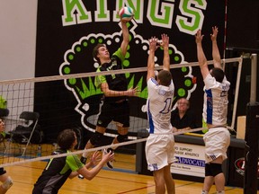 If any team in any sport can be classed as perfect, the men’s and women’s volleyball teams at Red Deer College have a legitimate claim so far this season – the men in particular. Both are unbeaten in ACAC competition and the men have constructed their perfect record without losing a single set in any of their five-set contests. The efforts or Jonah Gilham (1), Parker Maris (2) and curent Kings athlete of the year Tim Finnigan (7) demonstrate the effort required to reach their current level. (Supplied)
