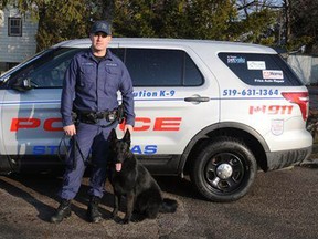 Const. Sean James and Trax go on duty Thursday as the first canine unit in the history of St. Thomas police. Contributed.