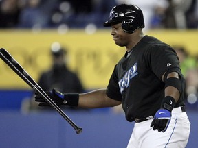 Toronto Blue Jays batter Frank Thomas catches his bat after striking out against Oakland Athletics during the tenth inning of their MLB American League baseball game in Toronto, in this file photo from April 10, 2008. (REUTERS)