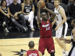 Joel Anthony of the Miami Heat aims during Game Three of the 2013 NBA Finals between the Miami Heat and the San Antonio Spurs on June 11, 2013 at AT&T Center in San Antonio, Texas. (Issac Baldizon/NBAE via Getty Images/AFP)