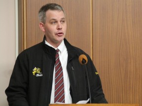 Brad Jackson, with Sarnia Girls Hockey, speaks at a public information session at Sarnia City Hall Wednesday on an Arena Strategy that could see Germain and RBC Centre ice rinks repurposed. Jackson and others said ice time in Sarnia is already scarce. TYLER KULA/ THE OBSERVER/ QMI AGENCY