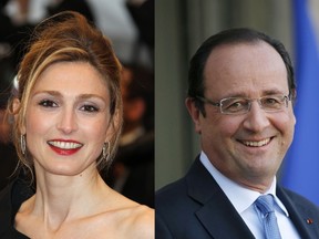 A combination of pictures shows French actress Julie Gayet smiling as she arrives for a screening during the 65th Cannes film festival in Cannes on May 25, 2012, and France's President Francois Hollande smiling at the Elysee presidential palace on December 5, 2013 in Paris. (AFP PHOTO / VALERY HACHE / THOMAS SAMSON)