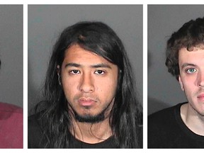 Jonathan Carl Jarrell (L), Steven Robert Aguirre (C) and Clifford Eugene Henry Jr. are seen in a combination picture of Glendora Police Department booking photos released in Glendora, California January 16, 2014.  The three men were arrested on suspicion of recklessly starting the fast-moving Colby wildfire that has burned more than 1700 acres east of downtown Los Angeles.  (REUTERS/Glendora Police Department/Handout via Reuters)