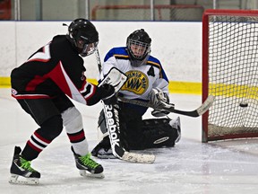 Whitemud West Thunderkings' Levi Richardson (in white) can't stop SWAT Stars' Ashwin Kaul from scoring a goal during Quikcard Edmonton Minor Hockey Week action at Mill Woods Recreation Centre. (Codie McLachlan, Edmonton Sun)
