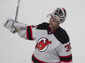 Martin Brodeur of the New Jersey Devils reacts at the end of a game in Montreal on Jan. 14, 2014. (PIERRE-PAUL POULIN/QMI Agency)