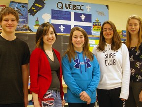 Heading to Europe on French-language exchanges are Parkside Collegiate Institute students Alex Katar, left, Tabitha Palmer, Anna McKillop, Katie Wilson and Natasha Sandering Taylor.