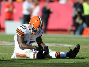 Cleveland Browns wide receiver Davone Bess (15) reacts after missing a pass during the second half of the game against the Kansas City Chiefs at Arrowhead Stadium this season. (Denny Medley-USA TODAY Sports)
