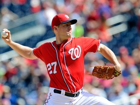 Jordan Zimmermann #27 of the Washington Nationals pitches in the first inning against the Philadelphia Phillies at Nationals Park on September 15, 2013 in Washington, DC.  (Greg Fiume/Getty Images/AFP)