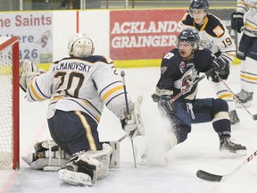 The Saints Jake Mykitiuk appears startled to have this scoring chance taken away by the Grande Prairie goalie during their game in the Grove on Jan. 12. As it was, the Saints scored often enough to post an important 4-2 win. - Gord Montgomery, Reporter/Examiner