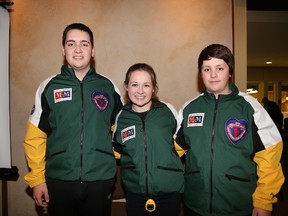 Tanner Horgan (left), Sara Guy and Jacob Horgan pose for a photo at the Idylwylde on Tuesday. All three will be chasing national titles at the Canadian junior curling championships in Nova Scotia beginning Saturday. GINO DONATO/THE SUDBURY STAR
