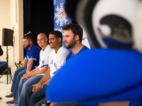 Toronto Blue Jays pitchers Todd Redmond, Dustin McGowan, Esmil Rogers and Brandon Morrow joined one big bird named Ace for a question session at Sir Isaac Brock public school Friday. (Mike Hensen/The London Free Press)