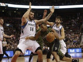 Raptors’ Kyle Lowry drives the ball against the Timberwolves Friday night. Lowry had 24 points in the win. (Michael Peake/Toronto Sun)