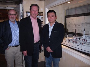 Celebrating 35 years of success, Driving Force founder and president Jeff Polovick (centre) is joined by COO Mark Nolin (left) and newly-appointed Chairman of the Board Takashi Kiso in Whitehorse, Yukon. (SUPPLIED)