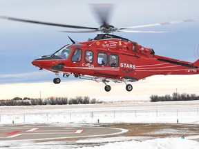 A new STARS air ambulance touches down at the Vulcan Community Health Centre's landing pad Sunday morning.