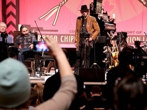 Neil Young speaks to media at a press conference in the Jack Singer Concert Hall where Young performs Sunday night in Calgary, Alta., on Sunday January 19, 2014. Mike Drew/Calgary Sun/QMI Agency