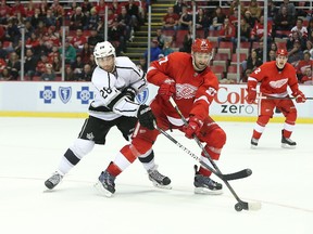 Kyle Quincey of the Detroit Red Wings battles for the puck against Jarret Stoll of the Los Angeles Kings during the third period of the game at Joe Louis Arena on January 18, 2014 in Detroit, Michigan. (Leon Halip/Getty Images/AFP)