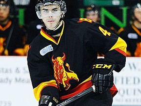 Belleville Bulls defenceman Justin Bean earned as assist on the lone local goal in a 2-1 loss to Ottawa Saturday at Yardmen Arena. (AARON BELL/OHL Images)