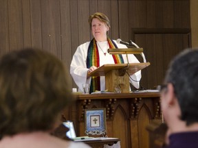 Rev. Jolyn Campbell presides over the Sunday service at Westbrook United Church on Sunday. Julia McKay The Whig-Standard