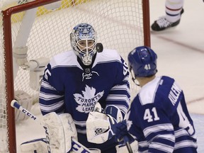 Maple Leafs goaltender Jonathan Bernier had his eye on the puck on Jan. 18, 2014, against the Montreal Canadiens. This week, he’s looking for his confident team to do well during a four-game road trip. (JACK BOLAND/Toronto Sun)
