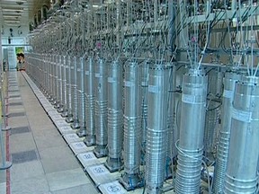 A bank of centrifuges are seen in what is described by Iranian state television as a facility in Natanz, in this still image taken from video released February 15, 2012. (REUTERS/IRIB Iranian TV via Reuters TV)
