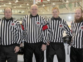 The 45th Annual International Silverstick Finals was a family affair for the Dalgety Family. On Saturday, Jan, 18 Rob Dalgety and his three sons officiated a Midget AAA game between Honeybaked and the Brampton 45's in Mooretown. Pictured above (from left to right) is Spencer, Rob Sr., Nathan, and Rob Jr. SHAUN BISSON/THE OBSERVER/QMI AGENCY