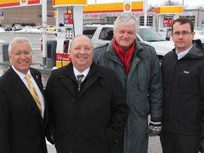 Progressive Conservative Finance Critic Vic Fedeli is joined by Sarnia-Lambton MPP Bob Bailey, Haldimand-Norfolk MPP Toby Barrett and Lambton-Kent-Middlesex MPP Monte McNaughton outside of a Shell gas station Monday. Fedeli, who was in Sarnia for a pre-budget consultation, took aim at the Liberal government for a proposed 10-cent tax tax hike. (BARBARA SIMPSON, The Observer)