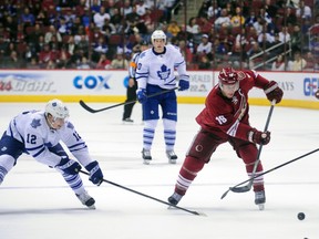 Phoenix Coyotes right wing Shane Doan (19) carries the puck against the Maple Leafs in Phoenix on Monday night.. (Credit: Matt Kartozian-USA TODAY Sports)