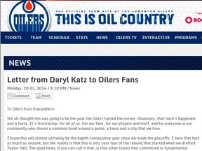 Daryl Katz released this letter to fans on the Oilers website. (SCREENSHOT)