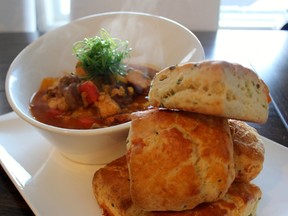 Turkey & Chorizo Stew with Aged Cheddar Biscuits.