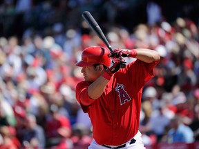 Bobby Abreu of the Los Angeles Angels of Anaheim looks for a pitch in the second inning against Los Angeles Dodgers at Tempe Diablo Stadium on March 12, 2012. (Kevork Djansezian/Getty Images/AFP)