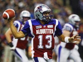 Montreal Alouettes quarterback Anthony Calvillo throws a pass against the Toronto Argonauts during the first half of the CFL's Eastern Conference Final football game in Montreal, November 18, 2012.  (REUTERS)
