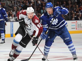 Maple Leafs top-line centre Tyler Bozak (right) played for the University of Denver and still makes the city his off-season home. Toronto was visiting the Colorado Avalanche on Tuesday night. (Claus Andersen/Getty Images/AFP)