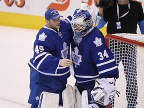 Toronto Maple Leafs goalies James Reimer (34) and Jonathan Bernier (45). (TOM SZCZERBOWSKI/USA TODAY Sports)