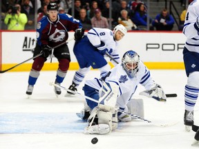 Maple Leafs goalie James Reimer makes a save during the second period on Tuesday night against the Colorado Avalanche at the Pepsi Center in Denver. (Ron Chenoy/USA TODAY Sports)