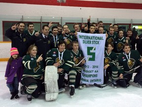 The London Jr. Knights midget-AA squad celebrates an International Silver Stick title in Sarnia Jan 19. With a record of 4-0-1, the London became the second midget-AA Knights team to claim the prize in almost 50 years.
Contributed Photo