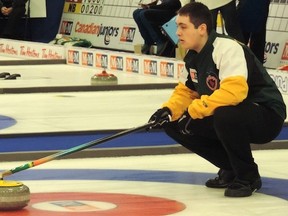 CCA photo  Northern Ontario skip Tanner Horgan, representing Sudbury's Idylwylde Golf and Country Club, has his team in playoff contention at the 2014 M&M Meat Shops Canadian Junior Curling Championships.