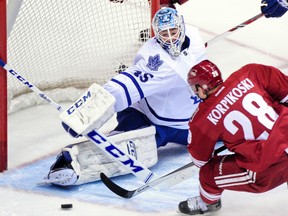 If Jonathan Bernier stops making the big save, as he did here on Monday night at Phoenix, the Leafs could be in trouble again. (USA Today Sports)