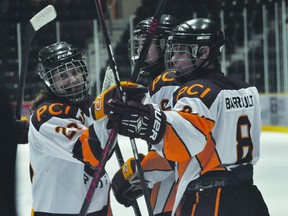 The Trojans celebrate a goal during PCI's 5-2 win over Morris Jan. 22. (Kevin Hirschfield/THE GRAPHIC/QMI AGENCY).